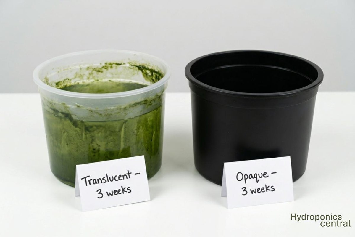 A translucent tower reservoir next to an opaque black one after three weeks of use — green algae coating the inside of the clear reservoir, clean water in the opaque one, showing why reservoir material matters