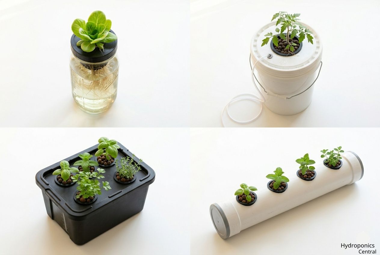 DIY hydroponic garden builds comparison showing mason jar Kratky, 5-gallon DWC bucket, storage tote DWC, and PVC NFT rail with cost, build time, and skill level
