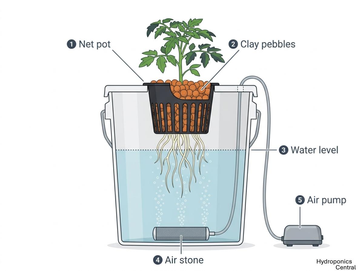 DIY hydroponic garden 5-gallon DWC bucket cutaway diagram showing net pot, clay pebbles, water level, air stone, and air pump setup