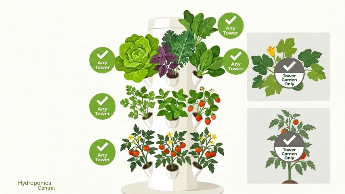 Herbs and leafy greens grow in any tower. Squash, melons, and large tomatoes require the Tower Garden HOME brand specifically.