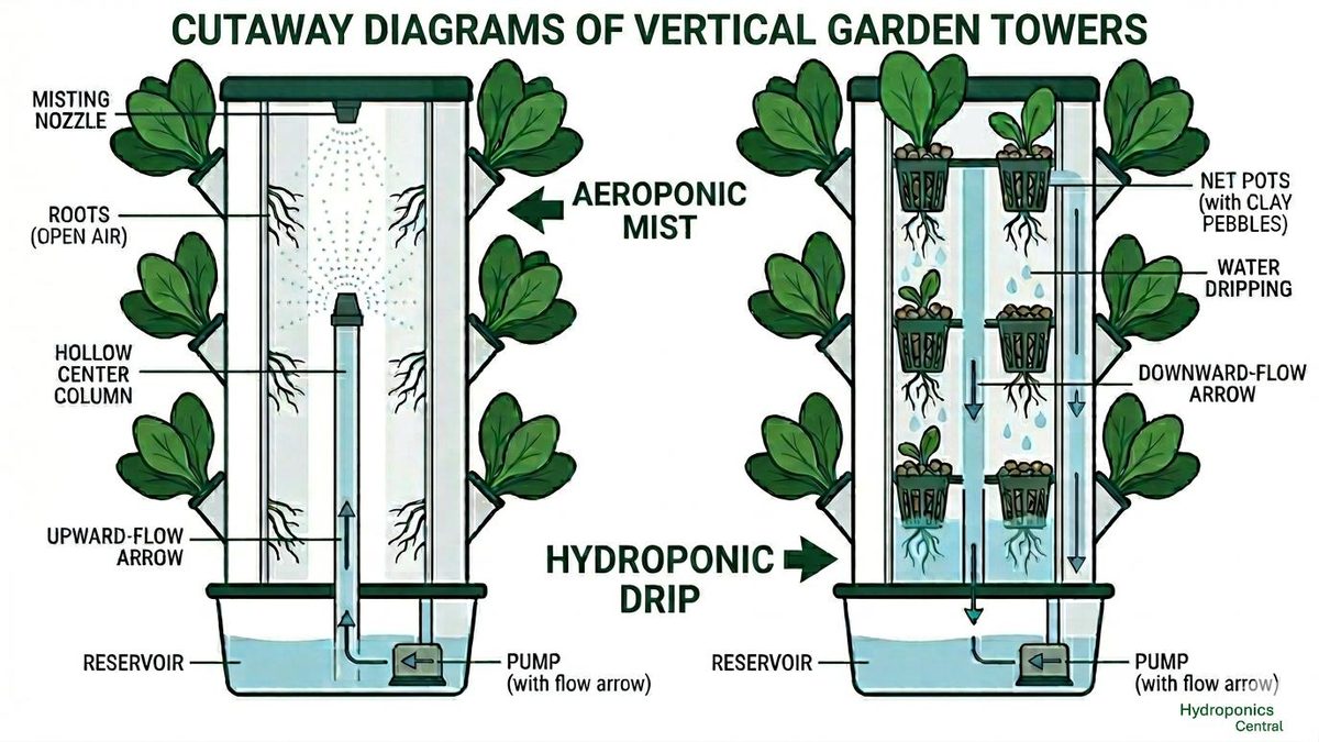 Aeroponic vs. hydroponic towers — how each system moves nutrients from the reservoir to the roots