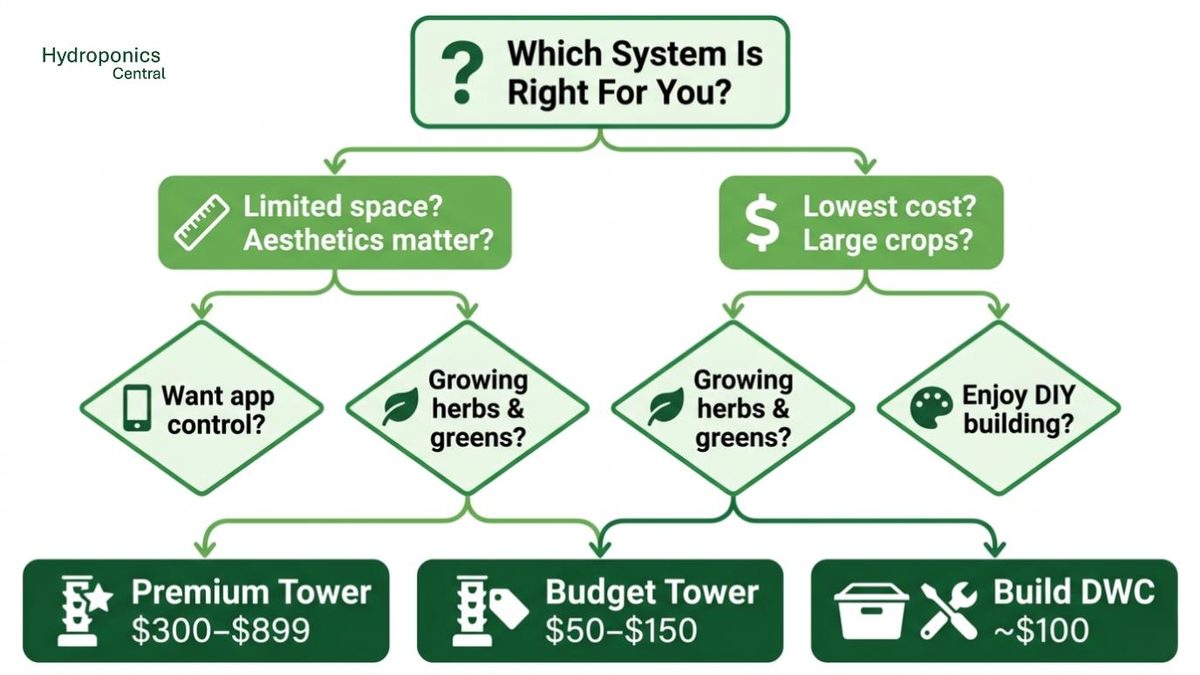 Decision flowchart helping you choose between a premium tower, budget tower, or DIY DWC system based on space, budget, and growing goals