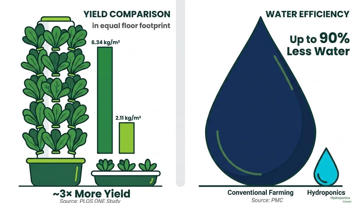 Vertical towers yield ~3× more lettuce per square meter and use up to 90% less water than conventional soil farming