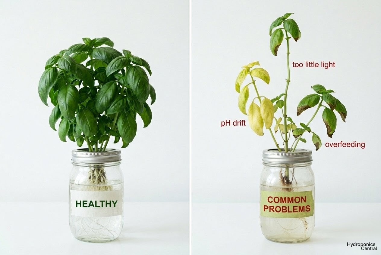 Side-by-side comparison of a healthy hydroponic basil plant in a mason jar versus an unhealthy one showing yellowing leaves and leggy stretched growth, with labels identifying the problems