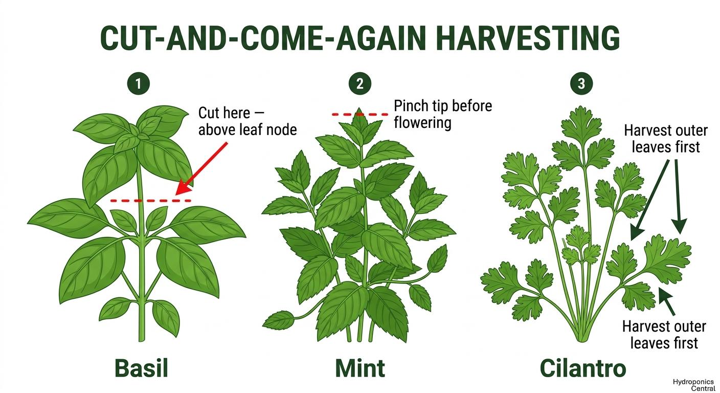 Diagram showing where to cut hydroponic herbs like basil, mint, and cilantro for continuous regrowth with labeled cut points and leaf nodes