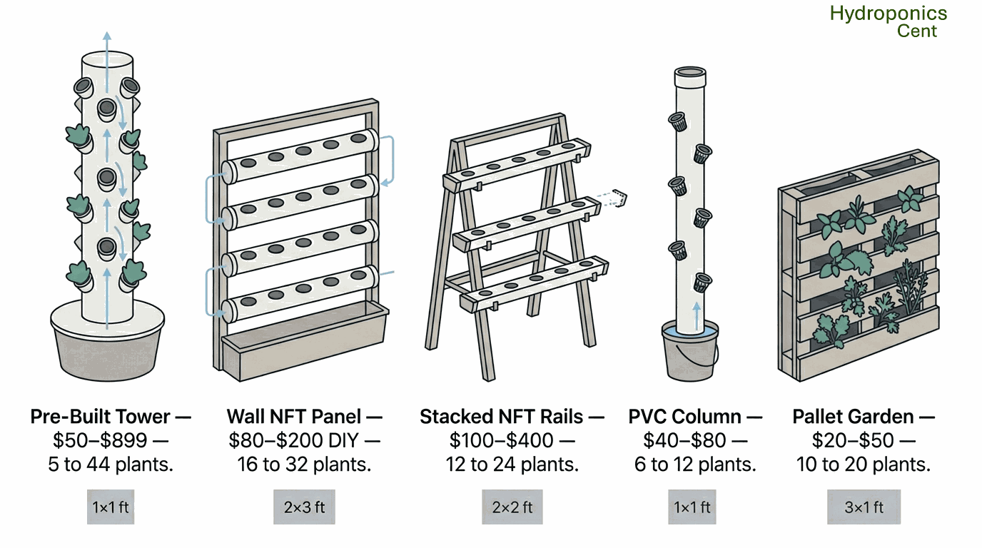 Diagram showing 5 vertical hydroponic system types side-by-side: pre-built tower, wall-mounted NFT panel, stacked NFT rails, PVC column, and pallet garden with labeled parts and approximate footprint for each