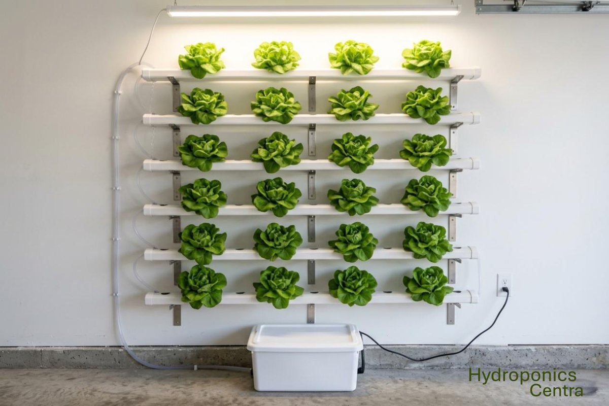 Photo of a wall-mounted NFT hydroponic panel with 24 lettuce plants, showing the pump reservoir at the base and the nutrient flow channels, installed on a garage interior wall