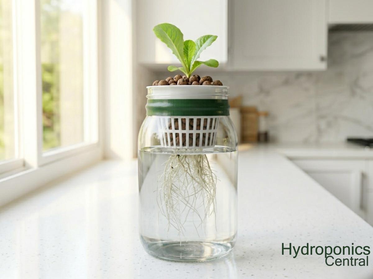 Labeled diagram of a Kratky method mason jar setup showing net pot position, clay pebbles, nutrient solution level, air gap, and root development zone