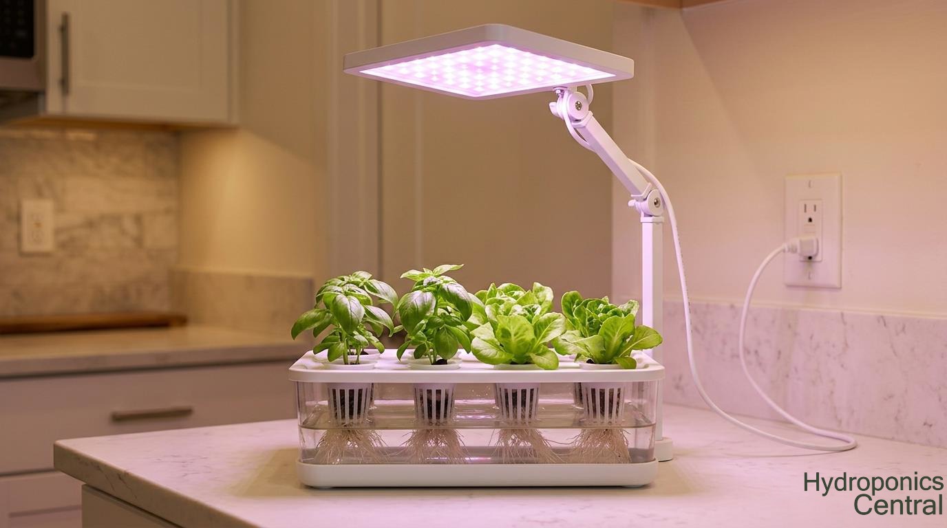 A small LED grow light panel glowing purple-pink above a tray of herbs on a kitchen counter, with an electricity plug visible in the background