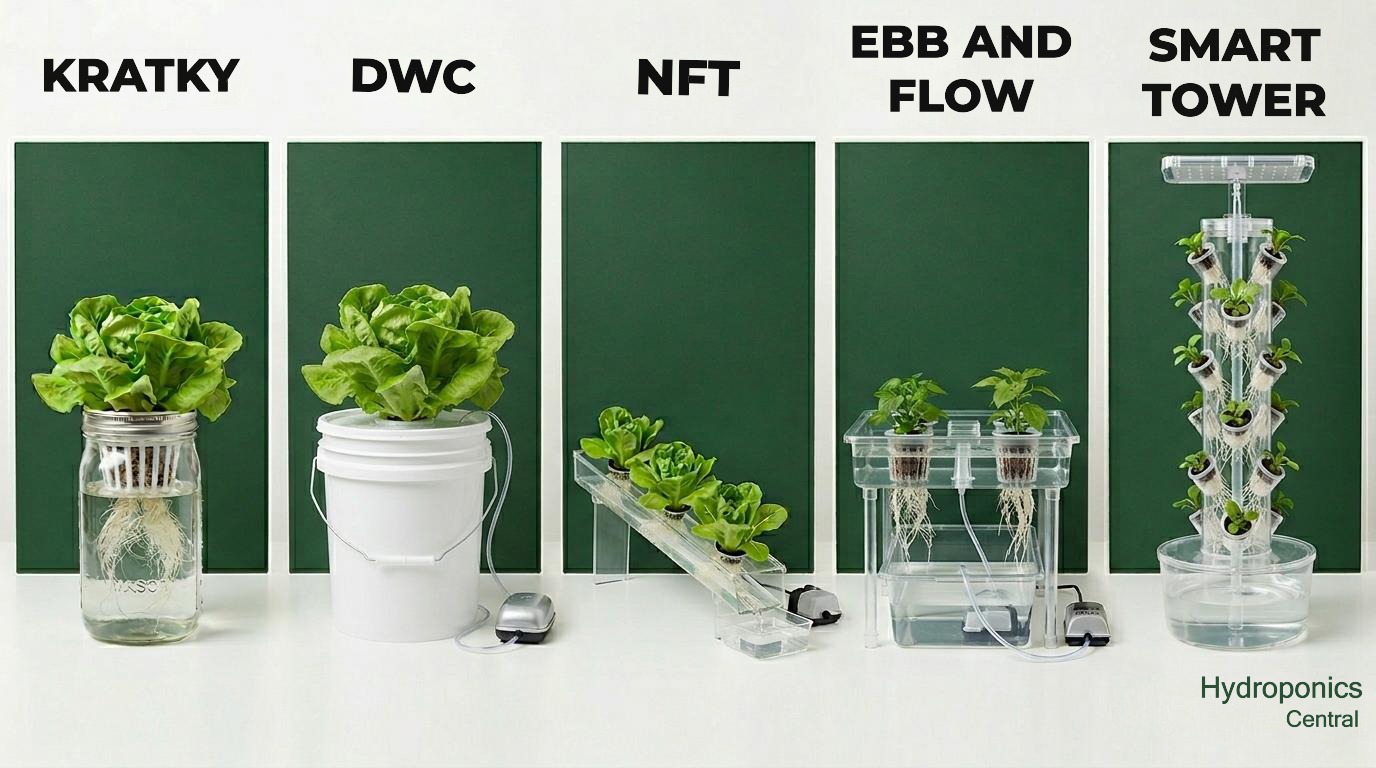 Comparison diagram of five indoor hydroponic garden systems — Kratky jar, DWC bucket, NFT channel, ebb and flow tray, and smart vertical tower — showing size, components, and complexity level